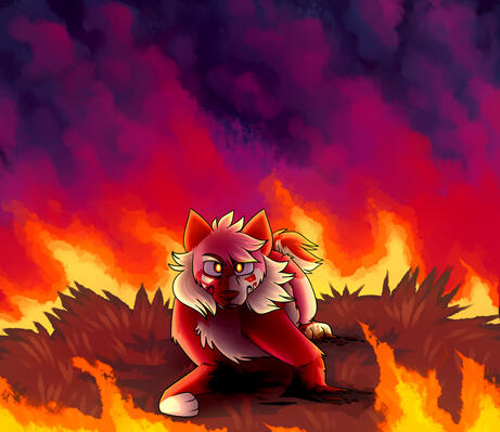 art of Aurora, a pink and red dog, furious while surrounded by fire